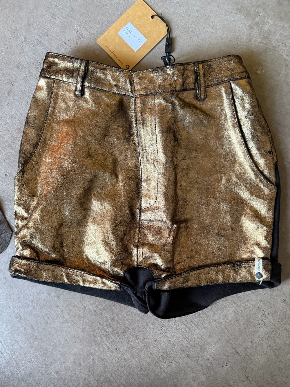 One Teaspoon Metallic Gold leather front High-Waist Shorts with Black Trim